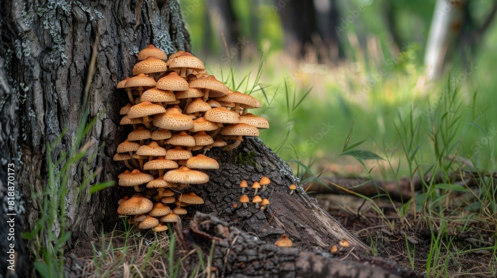 Group of mushrooms flourishing at the base of a tree trunk in a serene forest setting