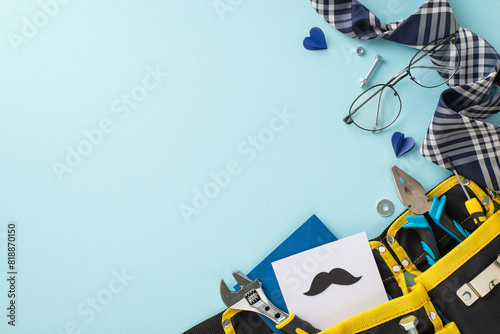 A creative Father's day setup with various tools in a yellow bag, stylish tie, glasses, and heart shapes on a soft blue background photo