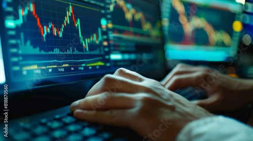 Hands of a trader typing on a keyboard with financial graphs on the screen