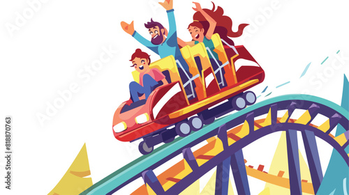 Young couple riding roller coaster car in amusement p