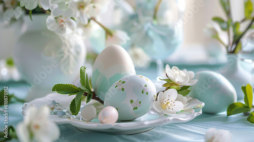 Beautiful table setting with Easter eggs and floral decor