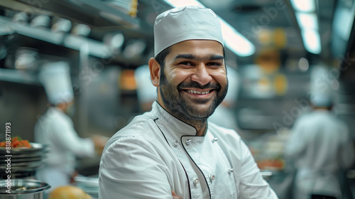 Indian male chef standing at restaurant kitchen