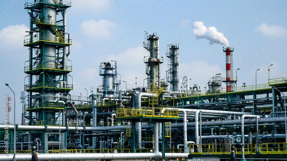 Industrial Plant with Complex Network of Pipes and Towers under Blue Sky Industrial Plant with Complex Network of Pipes and Towers under Blue Sky