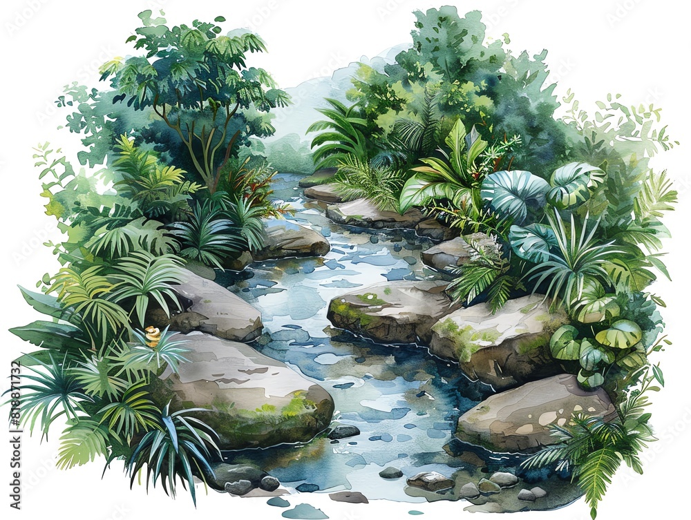 Fototapeta premium A beautiful watercolor painting of a lush green jungle with a river running through it