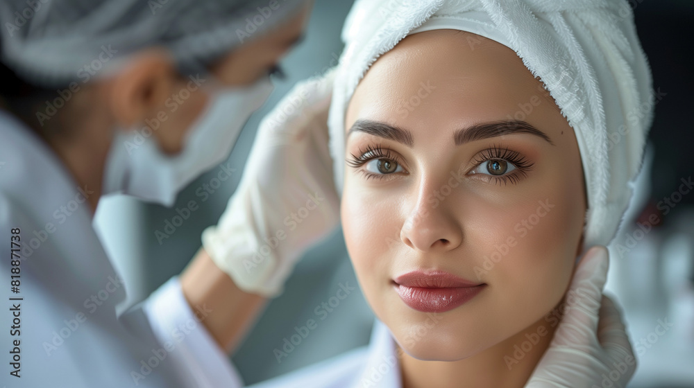 beautician at work, doing make up on beautiful lady, women at work