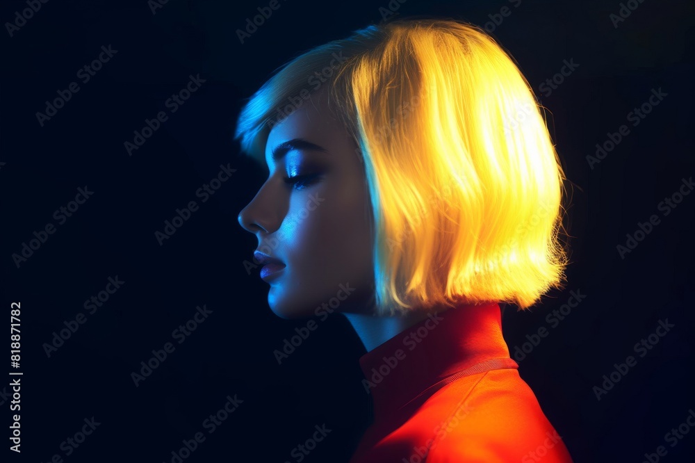 portrait in profile of young woman with yellow hair. yellow and blue lighting, red turtleneck on woman, mock-up for your design with copy space.