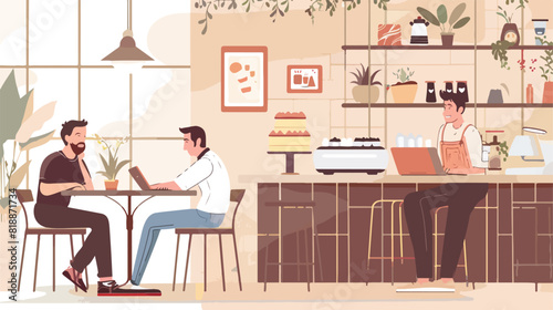 Young man working in the cafe. Freelancer sitting at