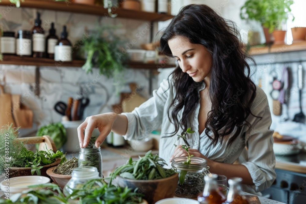 Holistic Skincare: Woman Creating Herbal Beauty Treatments in a Natural Kitchen Setting