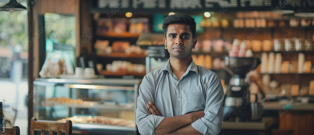 young indian man standing at restourant young indian man standing at restourant