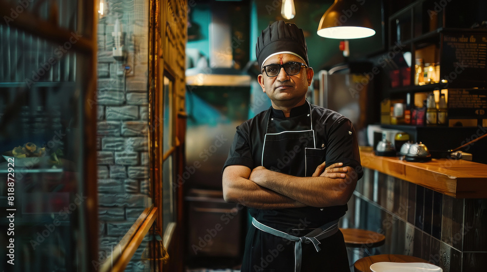 young indian man standing at restourant