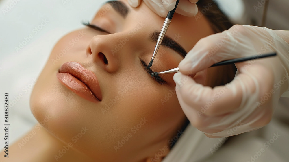 beautician at work, doing make up on beautiful lady, women at work