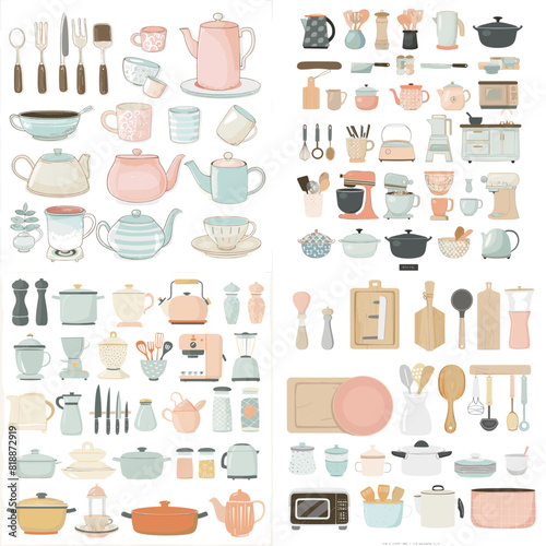 Hand-drawn vintage kitchenware collection featuring teapots, cookware, utensils, cups, plates, and wooden tools, perfect for home cooking, baking, and cozy kitchen decor