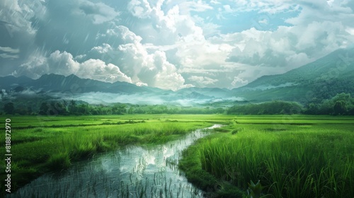 Idyllic landscape of rice paddies basking in the soft light of a cloudy day