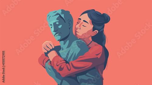 Young woman hugging statue of man. Concept of idealiz