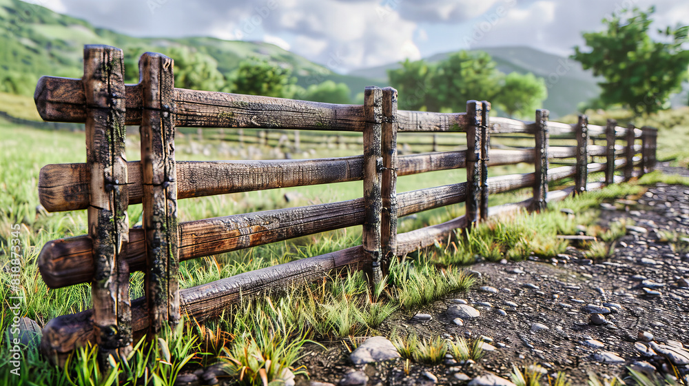 Serene Summer Meadow Framed by a Wooden Fence, Beautiful Rural Landscape Under a Blue Sky Serene Summer Meadow Framed by a Wooden Fence, Beautiful Rural Landscape Under a Blue Sky