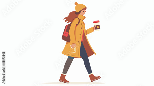Young woman walking with takeaway coffee cup. Fashion