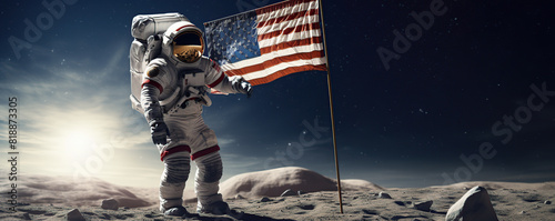 Astronaut Standing on Moon Holding Flag