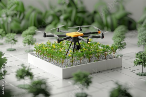 Drone crop management in small-scale farm layout with stock photo sensor for cultivation and drone spraying tools in smart farming.