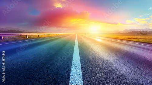 Vibrant light trails on an empty highway leading to a sunrise. abstract rainbow neon background isolated on white background, minimalism, png 