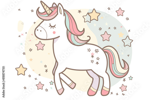 unicorn and stars simple drawing  flat cartoon.