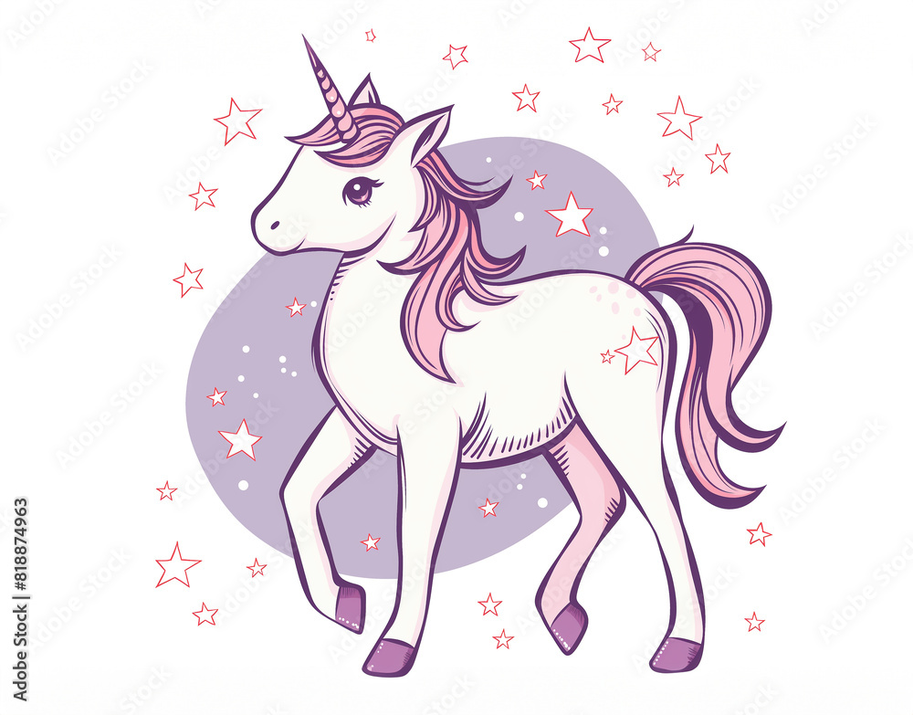 Fototapeta premium unicorn and stars simple drawing, flat cartoon.