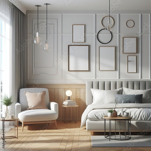 bedRoom with a mockup poster empty white and sets have mockup poster empty white have mockup poster empty white with a bed and a chair realistic card design has illustrative.