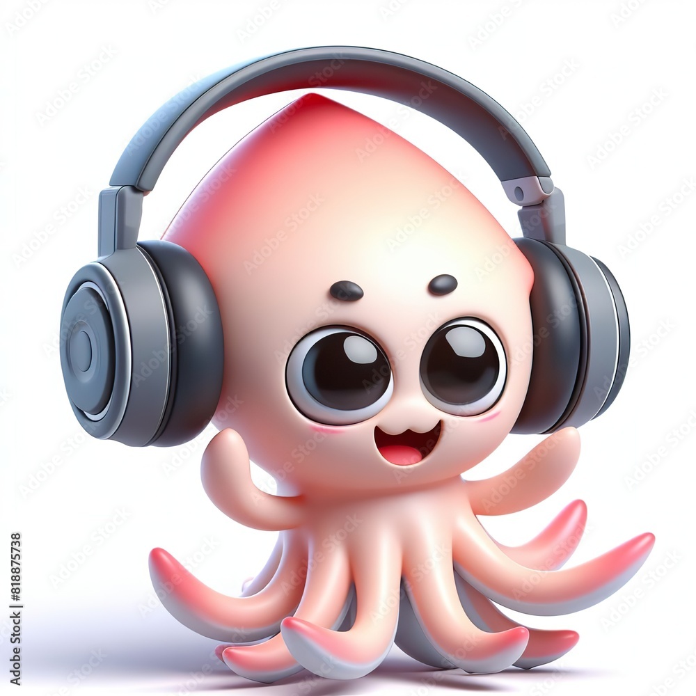 cute 3D funny cartoon Squid with small wireless headphone on head smiling and dancing, white background cute 3D funny cartoon Squid with small wireless headphone on head smiling and dancing, white background