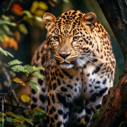 Majestic leopard in its natural habitat, blending with the foliage, showcasing its stunning coat and piercing eyes.