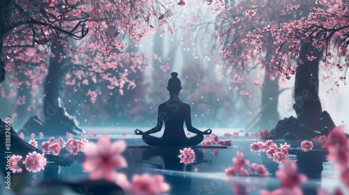 Serene Meditation in Tranquil Garden Amid Blooming Cherry Blossoms - Peace and Zen Concept for Posters and Cards
