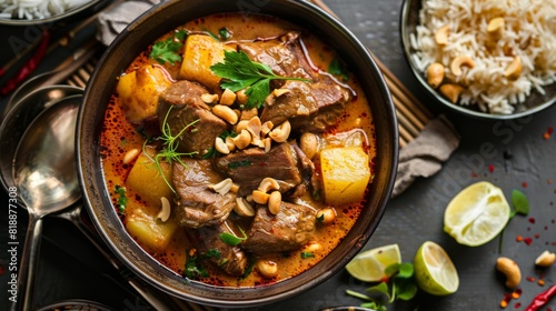Mouth-watering massaman curry with tender beef, potatoes, and peanuts photo