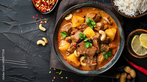 Mouth-watering massaman curry with tender beef, potatoes, and peanuts photo