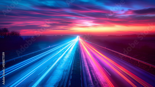 Vibrant light trails on an empty highway leading to a sunrise. abstract rainbow neon background isolated on white background, minimalism, png 