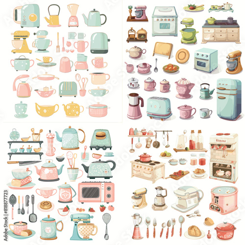 A vintage pastel kitchen illustration featuring retro appliances, teapots, cups, plates, utensils, toasters, and baking essentials in a cozy and artistic design.