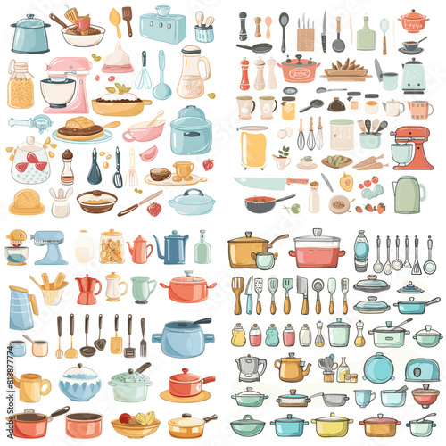 A charming kitchen illustration featuring cookware, utensils, pots, pans, kettles, baking tools, food ingredients, and appliances in a cozy and artistic design