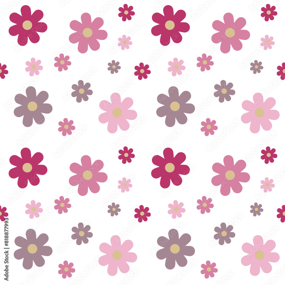 seamless pattern with cute pink flower on white background 
