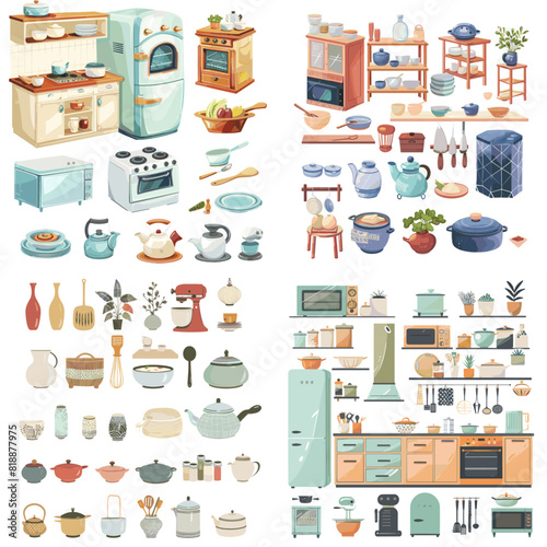 A vintage-style kitchen illustration featuring retro appliances, cookware, utensils, teapots, shelves, cabinets, and dining essentials in a cozy and artistic design.