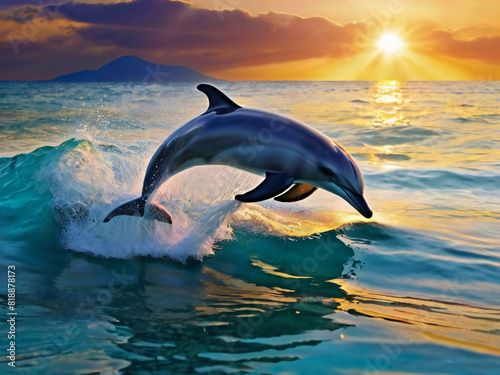Dolphin jumping with sunset