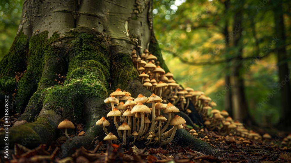Mushrooms sprouting from the damp soil around the base of a towering tree