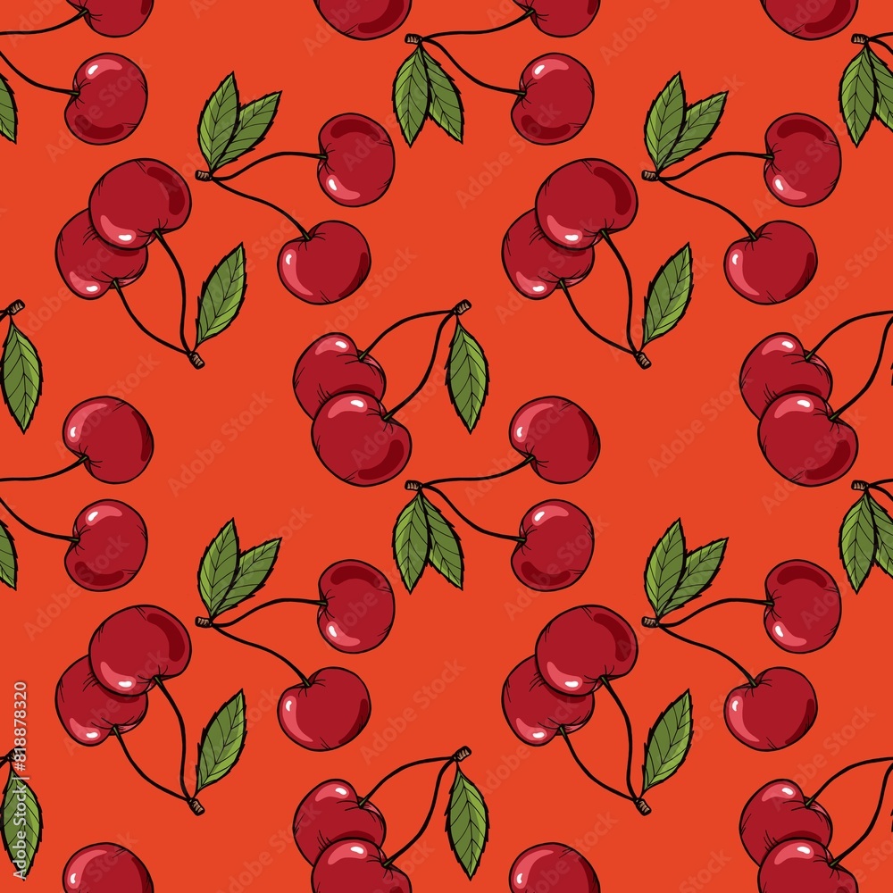 Fruits bright seamless pattern of a twig of ripe cherry with a leaf on a orange background Fruits bright seamless pattern of a twig of ripe cherry with a leaf on a orange background