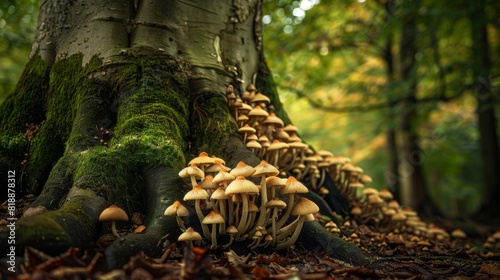 Mushrooms sprouting from the damp soil around the base of a towering tree