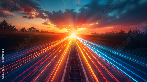 Vibrant light trails on an empty highway leading to a sunrise. abstract rainbow neon background isolated on white background  minimalism  png 
