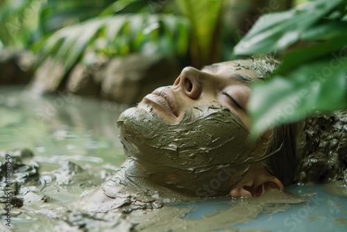 Serenity and Relaxation at the Spa: Woman Enjoying a Rejuvenating Mud Bath in a Natural Setting photo