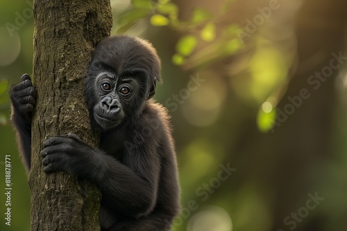A cute baby gorilla clinging to a tree in a tropical jungle, looking at the camera. Blurred background. Horizontal. Space for copy. Close up.