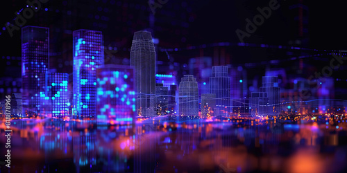 A futuristic cityscape with holographic skyscrapers and glowing data streams, representing the next dimension of urban technology and digitalization in smart cities.dark blue background 