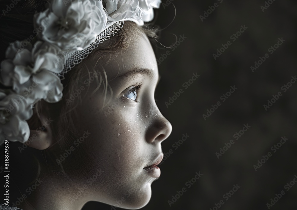 Profile of Pensive Young Girl Wearing Floral Headband in Soft Lighting