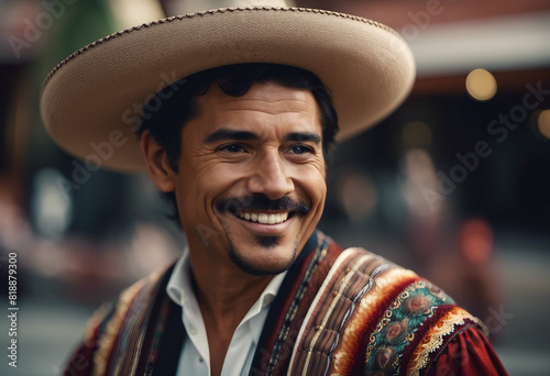 portrait of a Mexican man in traditional dress with a sincere smile at the street  © abu