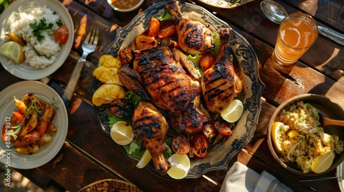 Overhead shot of a picnic table with a platter of grilled chicken and side dishes