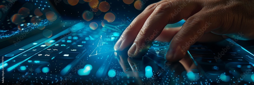 A close-up view of a persons hands typing on a keyboard, working on futuristic social media marketing using a laptop. Generative AI A close-up view of a persons hands typing on a keyboard, working on futuristic social media marketing using a laptop. Generative AI