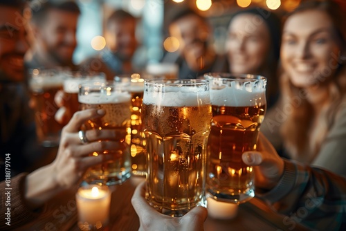 Group of Friends Enjoying Craft Beers at a Cozy Pub - Celebratory Gathering  Social Interaction  Festive Ambiance