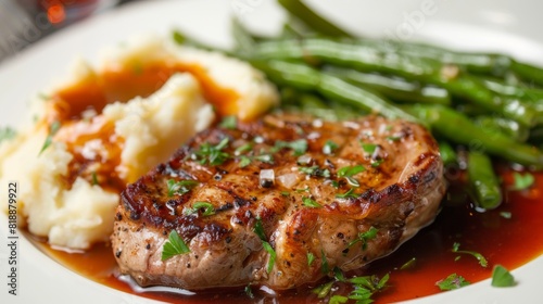 Perfectly cooked pork steak with a side of mashed potatoes and green beans